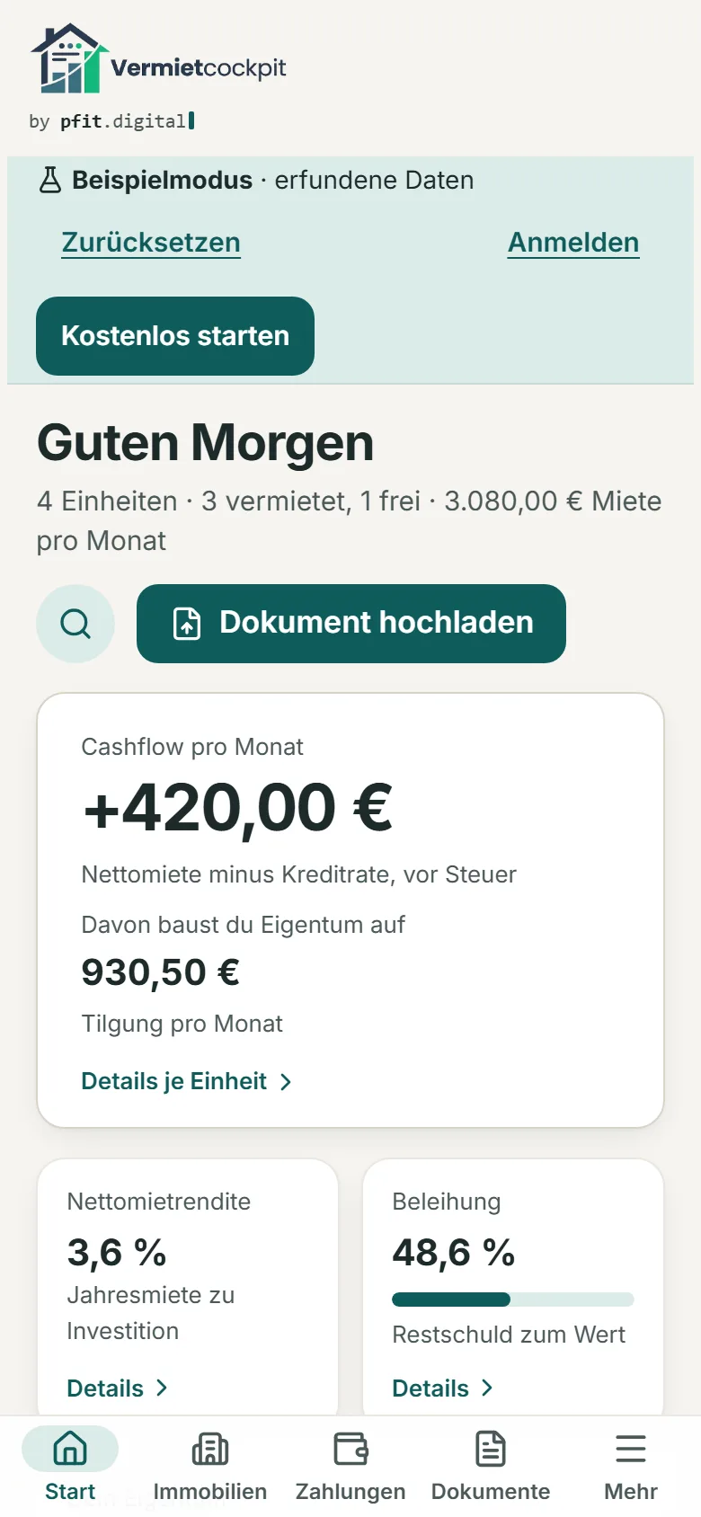 Dieselbe App am Handy: Startseite mit Cashflow, Rendite und Beleihung, unten die Navigation