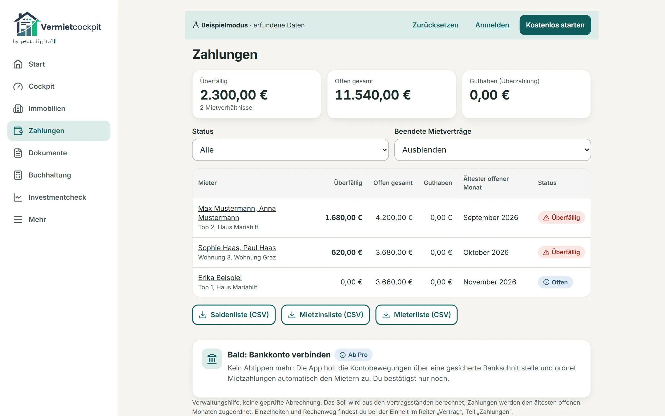 Zahlungsübersicht von Vermietcockpit: überfällige und offene Mieten je Mietverhältnis, Export als Saldenliste, Mietzinsliste und Mieterliste